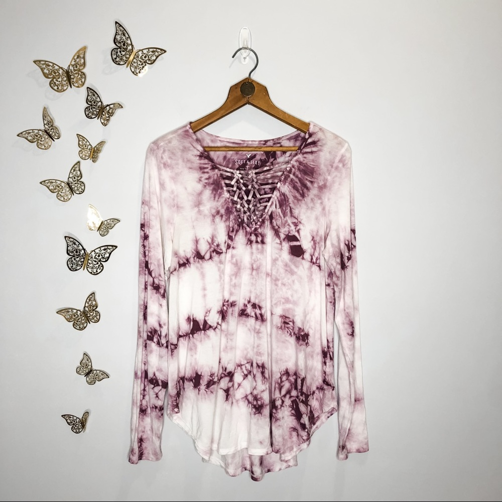 🦋🌙 AEO | Purple & White Tie Dye Criss Cross Top